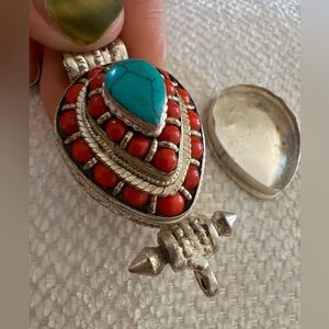 Vintage Turquoise Red jasper Stone Silver Pendant hidden locket compartment
